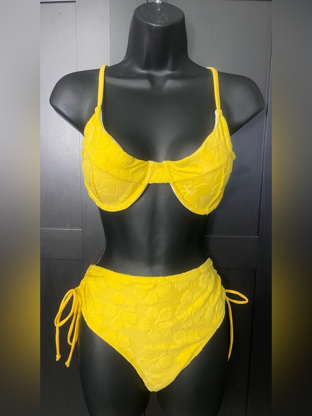 Amazon Yellow Terry Cloth Textured Floral High-Waist Bikini Set - NWOT